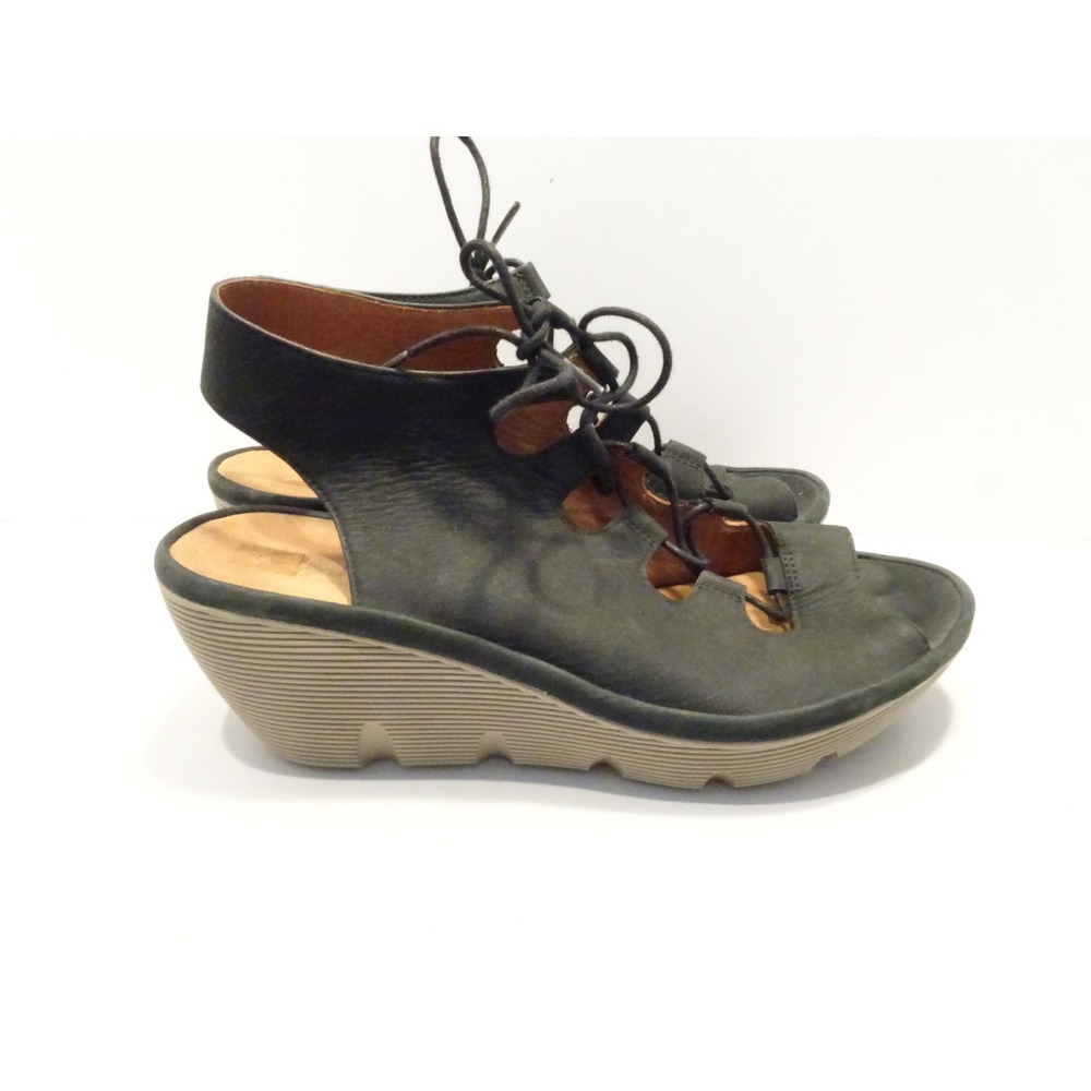 Clarks Artisan Black Leather Lace Up Wedge Sandals Womens 8.5 M